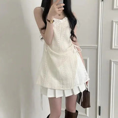 Hnewly  Spring Chic Lace Splicing Strap Dress Sweet Inner Wear Outer Wear Women Slim Short Skirt V-Neck Sleeveless A-Line Dress