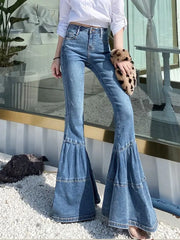 Hnewly  Women's Vintage High Waist Flare Jeans Spring Autumn Light Wash Denim Trousers Loose Splicing Wide Leg Pants