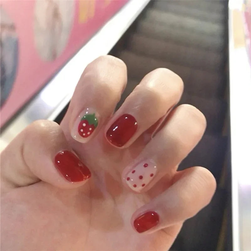 Hnewly 24pcs Red Rose False Nails Full Coverage Set Reusable Fake Nails Faux Acrylic Press on Nails with Accessories