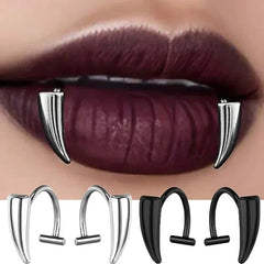 Lunivop  2PCS Stainless Steel Personalised Sharp Teeth Fake Piercing Lip Ring Punk Exaggerated Jewelry for Women Gothic Body Jewelry