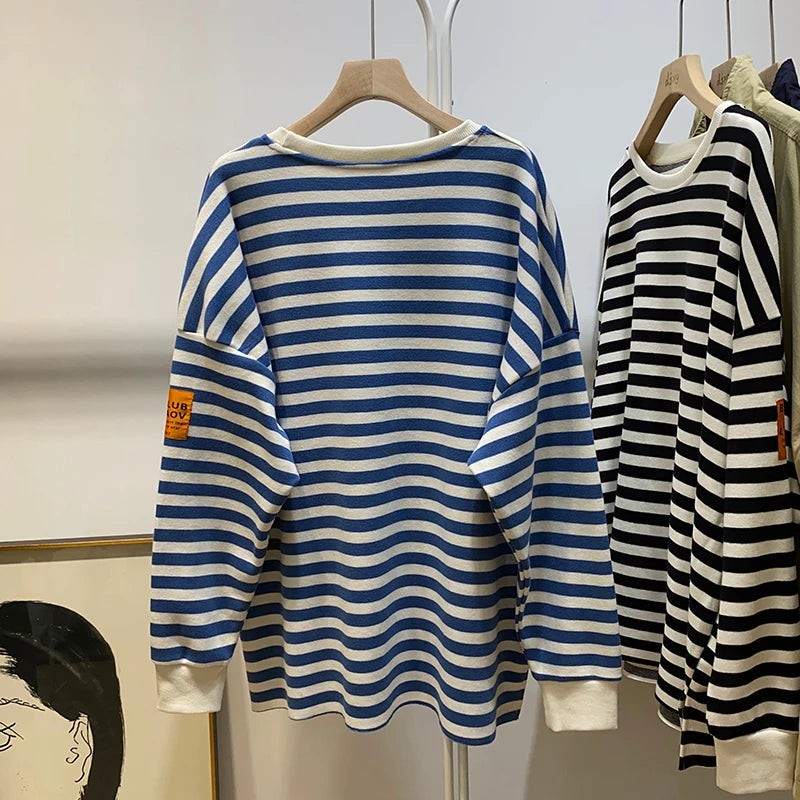 Hnewly  Spring Autumn Striped Sweatshirts  Women Casual Loose Long Sleeve Tops Korean Style Trend All-Matched Pullovers