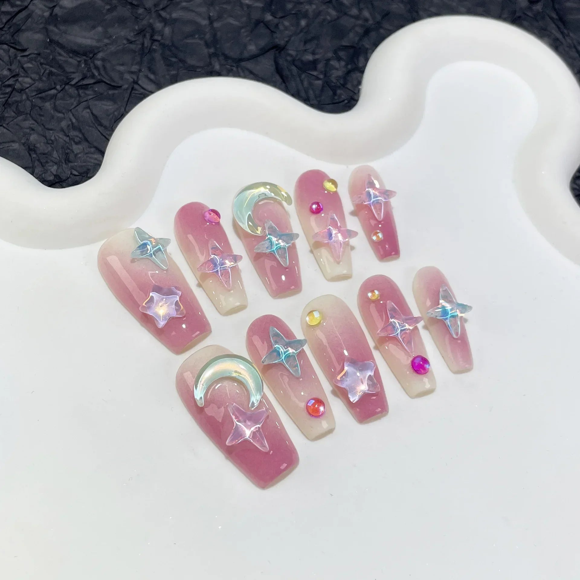 Hnewly 10Pcs Handmade Press on Nails Long Ballet Blue Fake Nails with 3D Ocean Moon Rhinestone Design False Nails Full Cover Nail Tips