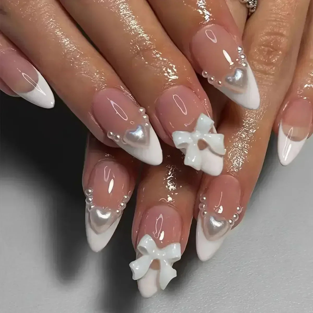 Hnewly 24Pcs Pink Almond French Press on Nails With 3D Bow ripple charms Design Fake Nails Ballerina False Nails Full Cover Nail Tips