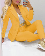 Hnewly Casual Solid Suit Coat Pants Set Office Lady Autumn Fashion Elegant Long Sleeve Top Trousers Two Piece Set Women Outfit