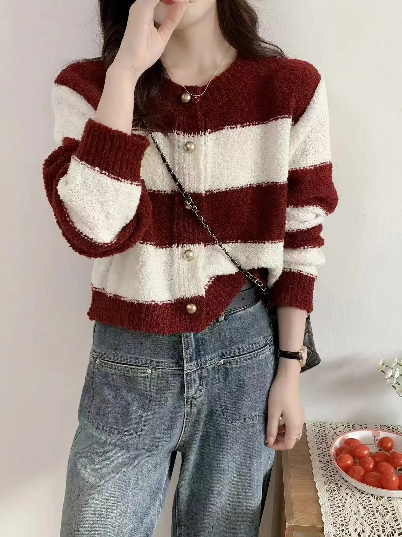 Hnewly  Women's Acrylic Long Sleeve O-Neck Button-Down Striped Cropped Knit Cardigan Ladies Autumn Winter Korean Fashion Knitwear