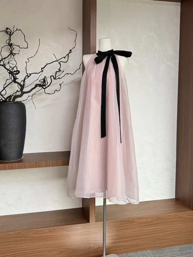 Hnewly French Pink Sleeveless Bow Neck Sleeveless Strap Dress for Women Even Party Korean Y2k Mini Dress Office Lady Summer Elegant