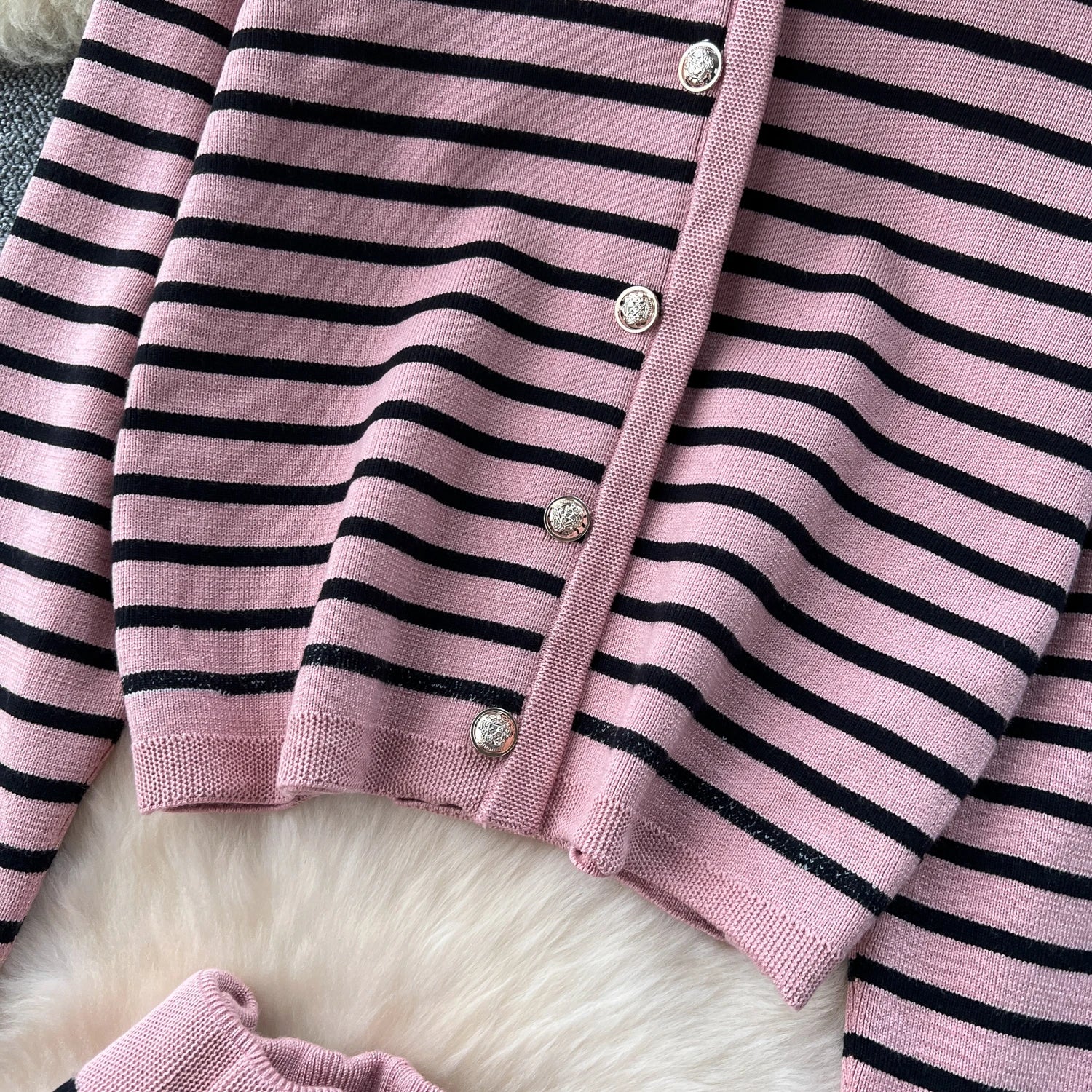 Hnewly  Elegant Knitted Set for Women's High End Versatile Round Neck Striped Knitted Cardigan+High Waist Casual Wide Leg Pants 2PCS