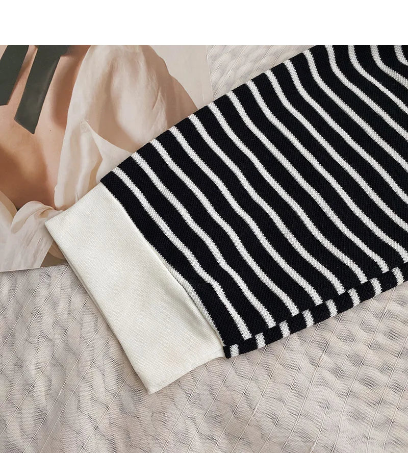 Hnewly  Classic Black White Striped Sweatshirts Casual Loose Turn-down Collar  Women's Spring 2025 New Korean Long Sleeve T-shirt Top