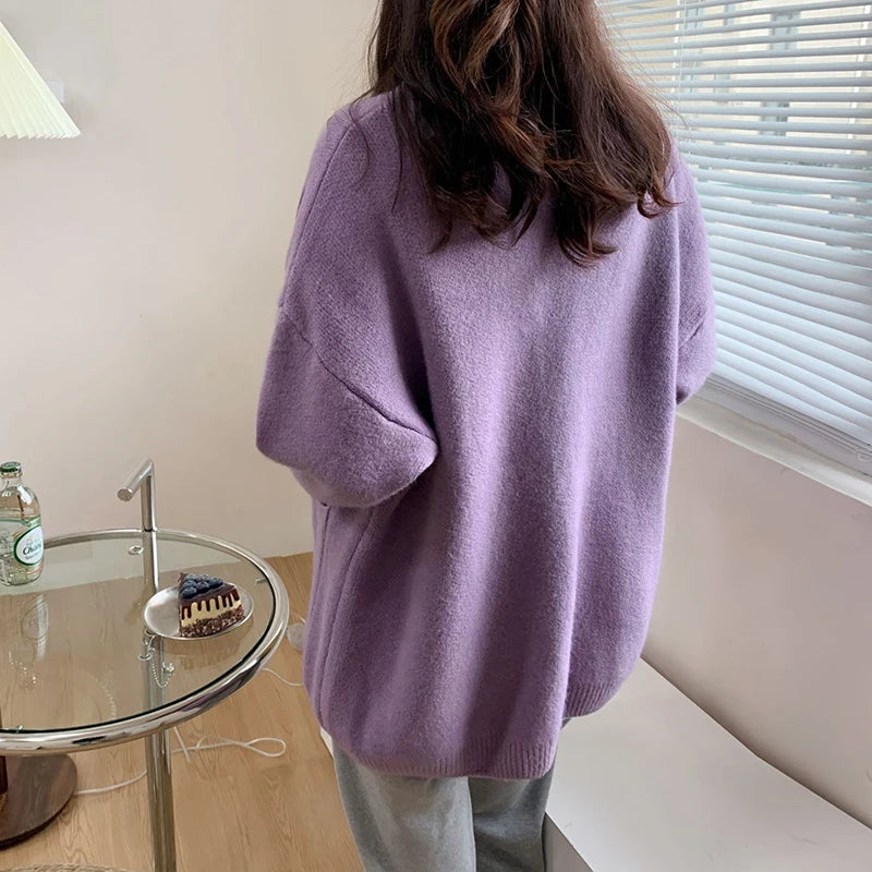 Hnewly Women Cardigan Sweater y2k Clothes Solid Color V Neck Single Breasted Long Sleeve Knitted Tops with Pockets Streetwear