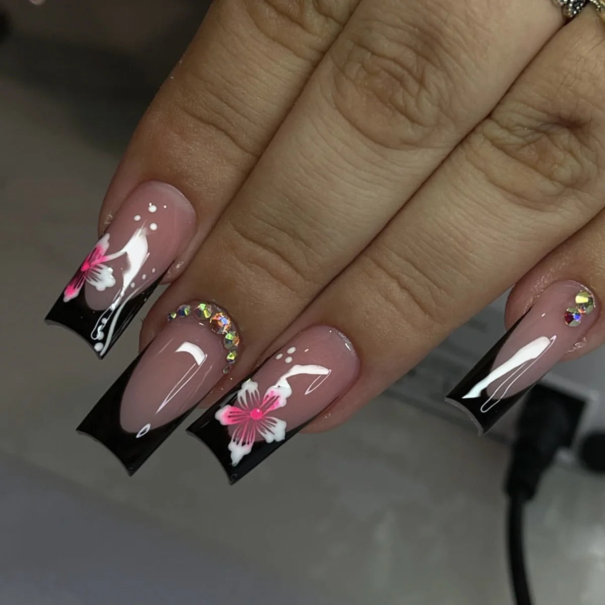 Hnewly Black French Style Fake Nails Charms Pink Flower Designs Square Head Press on Nails Women Girls Detachable False Nails Tips