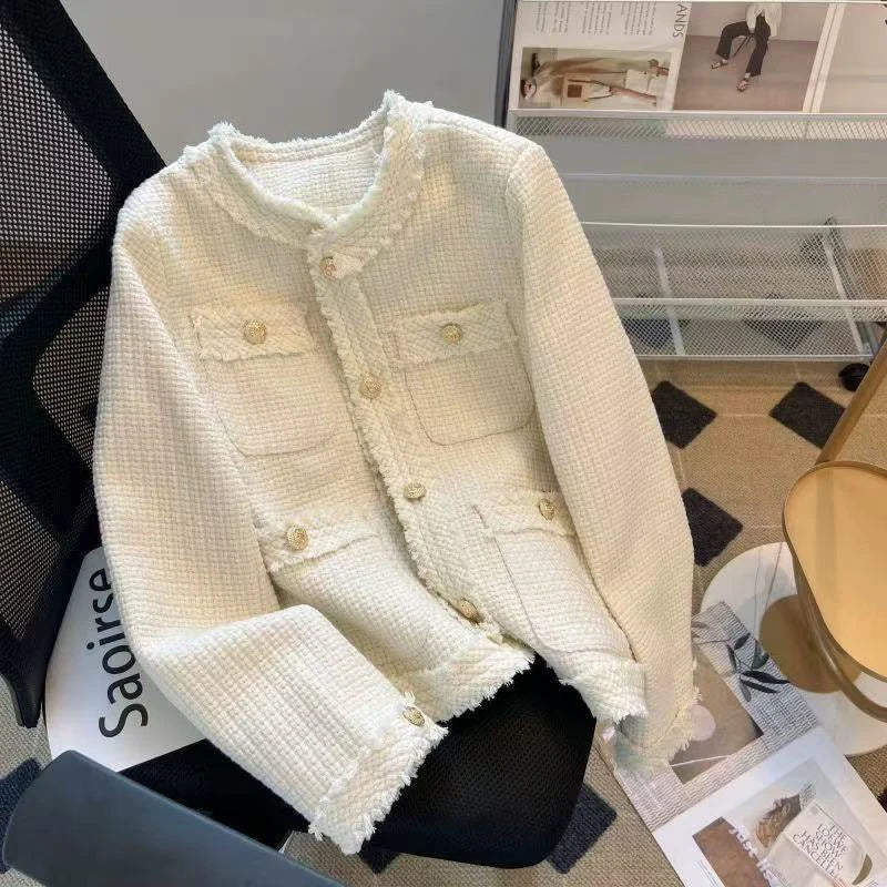 Hnewly Fashion Tweed Jacket Women Winter Thick Warm Single Breasted O Neck Coats Korean Elegant Office Lady All Match Outwear Mujer New