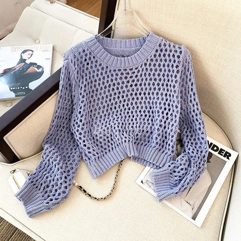 Hnewly Hollow Sun Protection Shirt Women's Summer Loose Pullover O-Neck Puff Long Sleeve Air Conditioning Knitwear Korean Retro Top