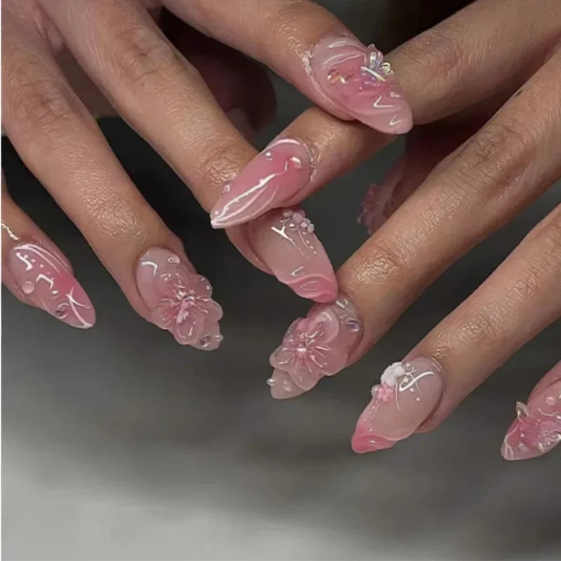 Hnewly 24Pcs Cat Eye Press on Nails with Almond Head Bow Diamond Stick on False Nail Sweet Pink French Full Cover Artificial Nails Tips