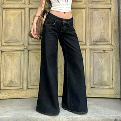 Hnewly  Retro Black Loose Wide Leg Denim Jeans Women's All-Match Low Waist Trousers Y2K Streetwear Denim Trousers Casual Outfit