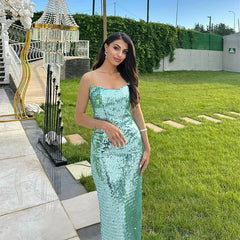 Hnewly  Fashion Sequined Strapless Long Party Dress Women Slim Sleeveless Backless Female Dresses Autumn Winter Lady Evening Robes