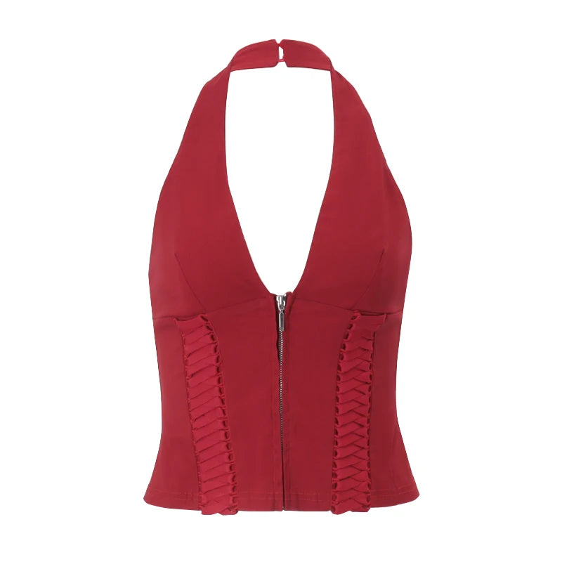 Hnewly Fashion Cross Tie Zipper Slim Women's Vest Sexy Off Shoulder Backless Sleeveless Halter Top Casual Summer Street Camis