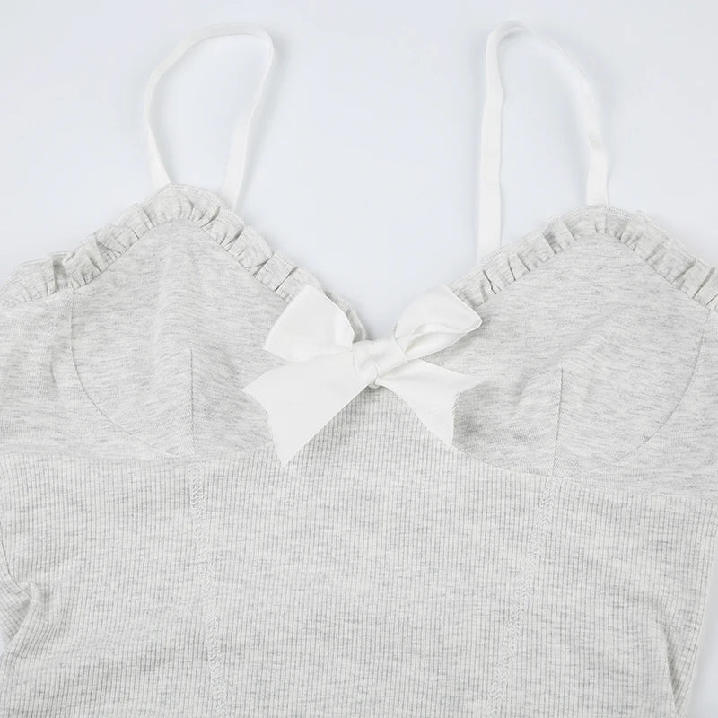 Hnewly Bow Frill Camis Women Slim Fit Stretchy Tank Top Y2K Aesthetic Mesh Stitching Hem Sleeveless Crop Tops Kawaii Clothes