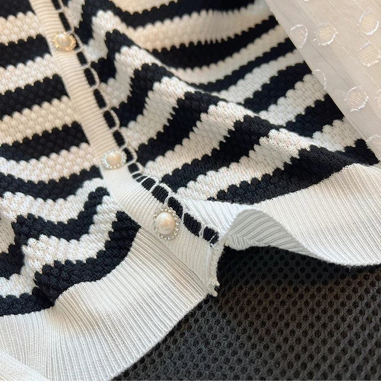 Hnewly  Striped knitted Sweater For Women's Spring Autumn French Elegant Round Neck Long Sleeved Patchwork Chiffon Loose All-Matched Top