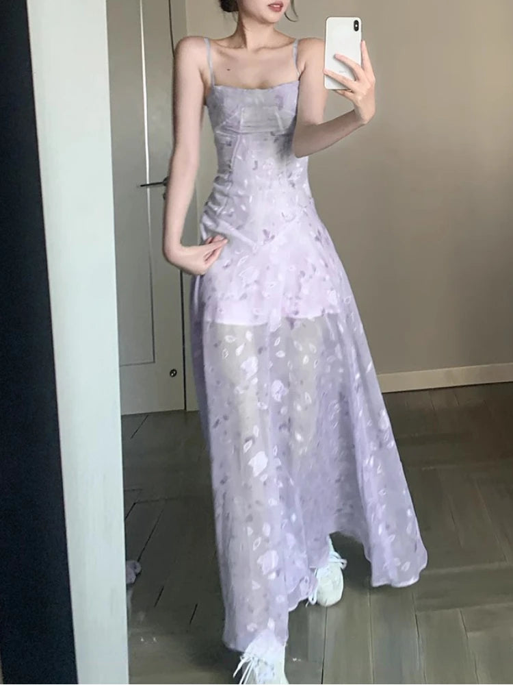 Hnewly Elegant Floral Fairy Dress Women Casual Sweet Y2k Clothing Sexy Strap Dress Even Party One Piece Dress Korean Chic Sleeveless