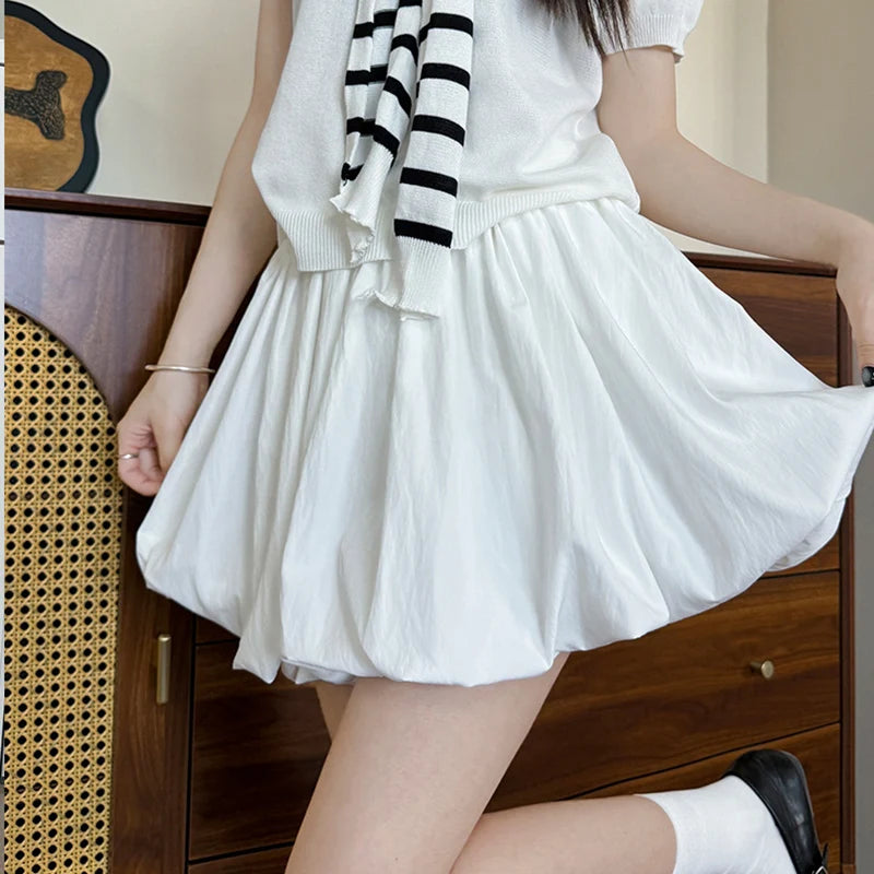 Hnewly  Korean Fashion Flower Bud Skirt Women Summer High Waist Pleated Mini Skirts Woman Solid Color Chic Shorts Skirt Female