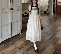 Hnewly  Women Dresses Women Lace Patchwork Peter Pan Collar Polka Dot Puff Short Sleeve Summer Fashion Sweet Elegant Dress