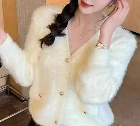 Hnewly  Fluffy Mohair Cardigan Women Pink Fuzzy Knit Button-Up Fake Pocket Crop Sweater Jacket Teen-girl Fall Winter Barbiecore Y2K