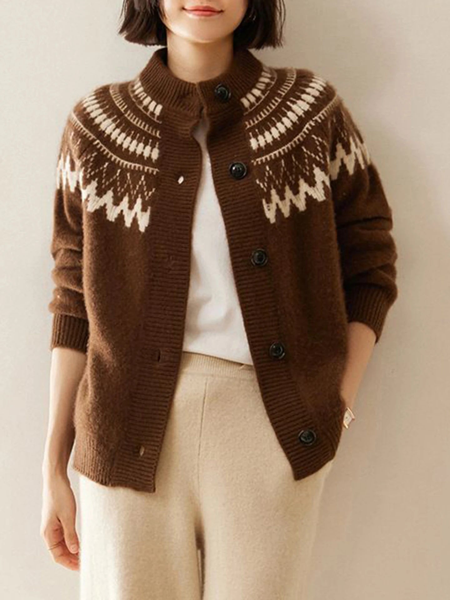 Hnewly  Fair Isle Knit Sweater Cardigan Women Cozy Stand Collar Button Front Sweater Jacket Teen-Girl Fall Winter Vintage Chic Outfit