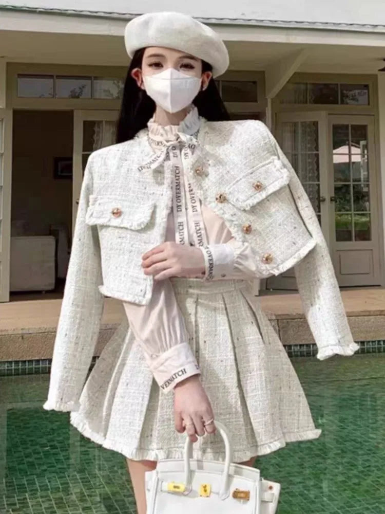 Hnewly Autumn New Tweed Short Jacket Coat and Mini Skirt Two Piece Set for Women Outfits Vintage Tassel High Waist Pletaed Skirt Suits