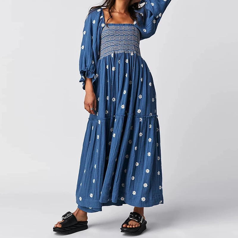 Hnewly  Bohemian Floral Dress Women Square Neck Ruffle Swing A Line Maxi Dress Long Sleeve Beach Style Holiday Lady Club Party Dress