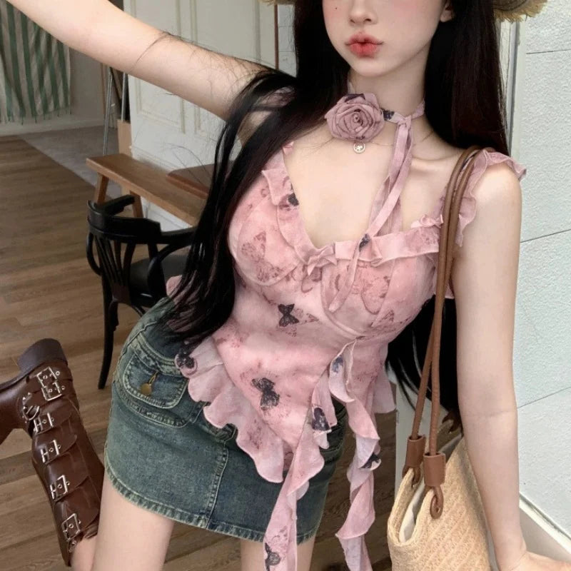 Hnewly summer inspo y2k Tank Top Women Fairycore Clothing Butterfly Print Ruffle V Neck Sleeveless Vest with Flower Choker 2000s Streetwear