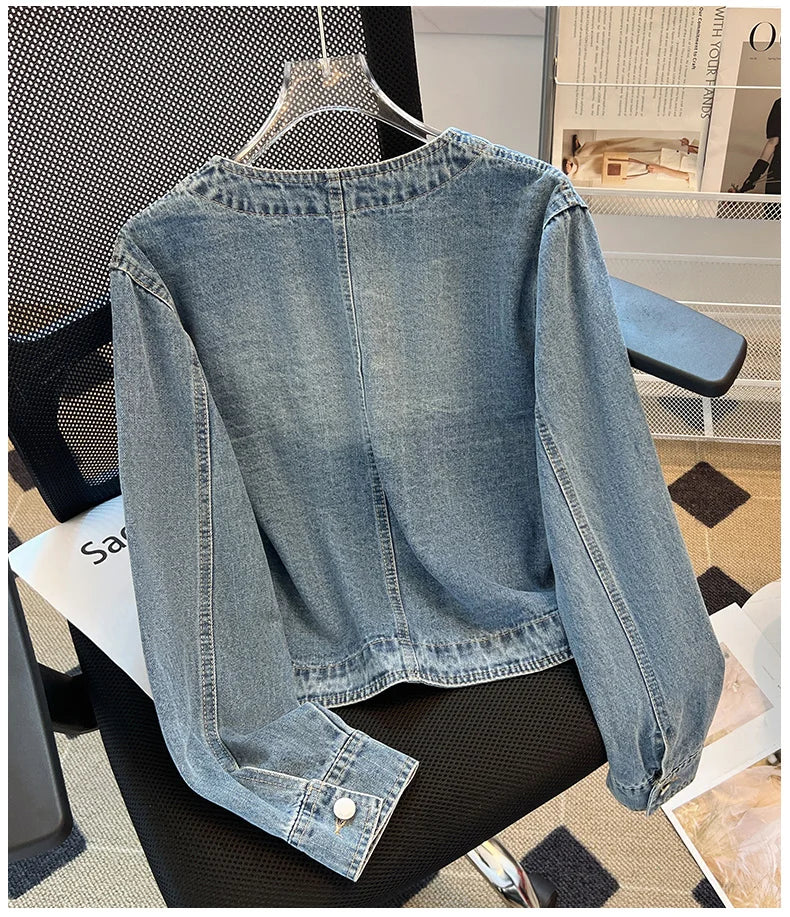 Hnewly  Light Blue Retro Denim Jacket Women's Spring Single Breasted Loose Cardigan Short Top Autumn O-Neck Long Sleeve All-Matched Top