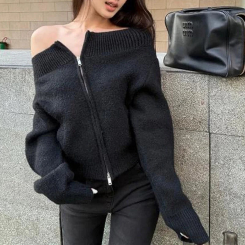 Hnewly  Women's Off-the-Shoulder Sweater Cardigan Zip Up Knitted Off Shoulder Sweater Jacket Teen-girl Fall Winter Y2K Outfit