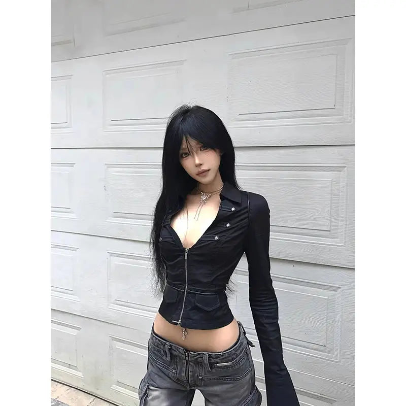 Hnewly  Y2k Fashion Sexy V-neck Slim Fit Top for Women Casual All-match Long Sleeve Blusas Mujer 2025 Spring New Black Blouses
