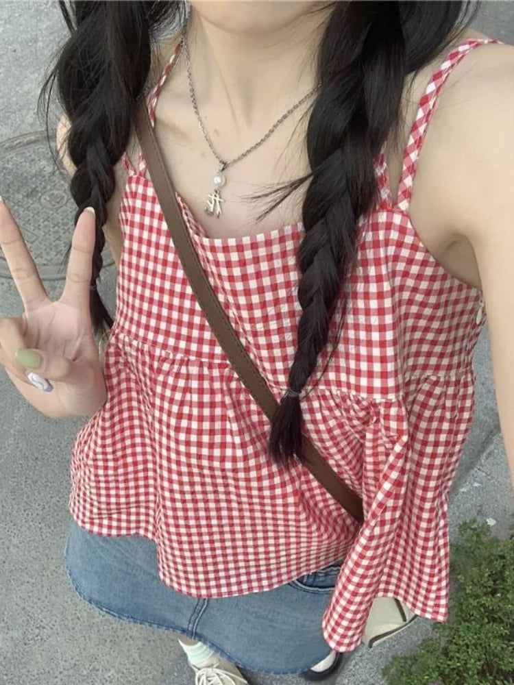 Hnewly Red Plaid Camisole Women Backless Hotsweet Bandage All-match Loose College Personality Chic Summer Korean Style Fashion Ulzzang
