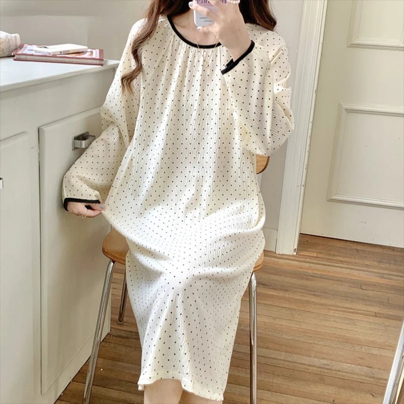 Hnewly Long Sleeve Nightgowns Women Floral Bow Temper Autumn Home Cozy Aesthetic O-neck Prairie Chic All-match Sleepwear Korean Style