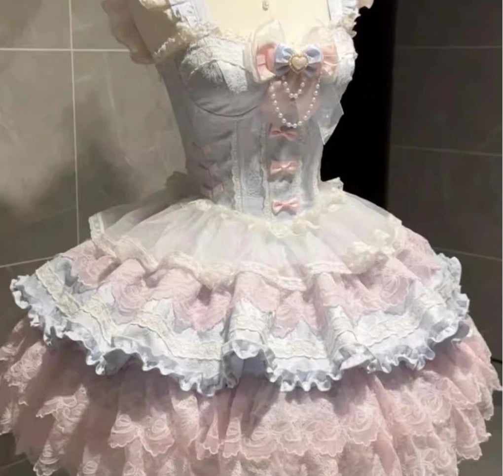 Hnewly  Lolita Blue Pink Dress for Women Summer New Sweet Elegant Lace Bow Girls Short Suspenders Dress Jsk Princess Dress Vestidos