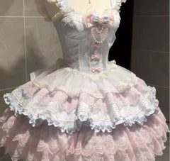 Hnewly  Lolita Blue Pink Dress for Women Summer New Sweet Elegant Lace Bow Girls Short Suspenders Dress Jsk Princess Dress Vestidos