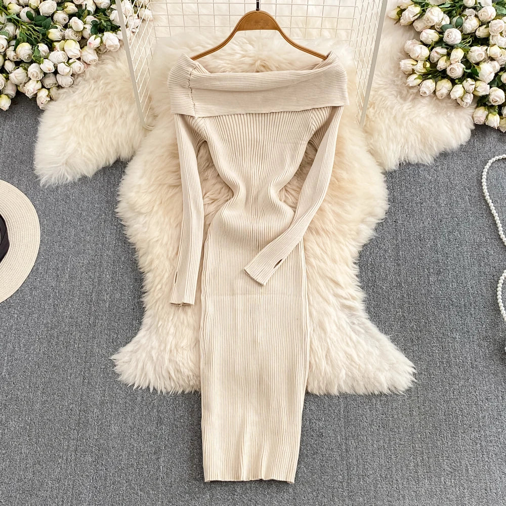 Hnewly Ins Fashion Women Christmas Red Party Dress High Waist Off Shoulders Long Sleeve Front Split Knitted Dress Bodycon Robe
