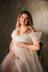 Hnewly  Sheer Elegant Maternity Dresses Drop Shoulders Gown with Pearls Beads High Slit Dress for Pregnant Wife Valentines Gift