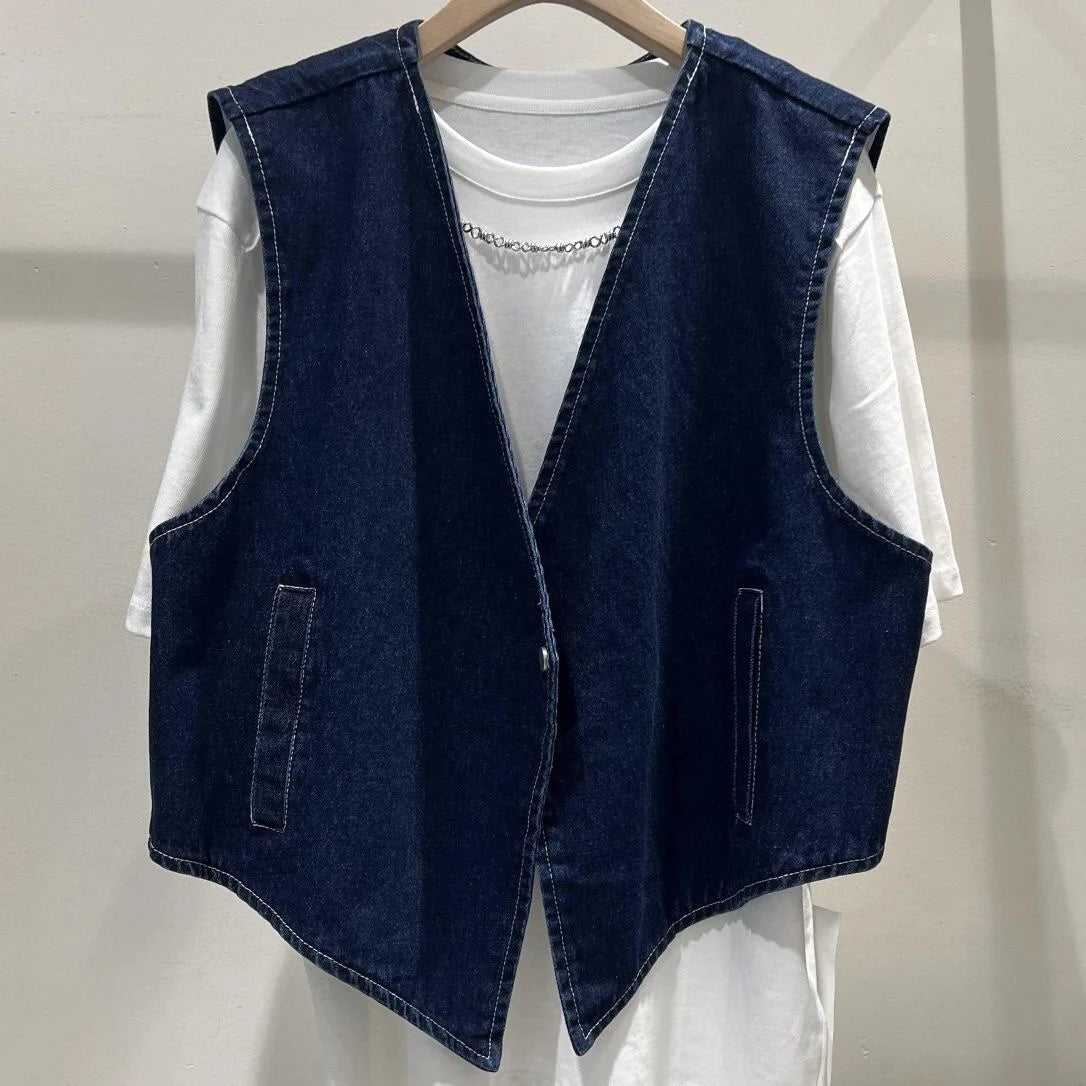 Hnewly Denim Vest Jacket For Women Spring Autumn 2025 New  One Button Sleeveless irregular Coat Girls Summer Loose Versatile Top