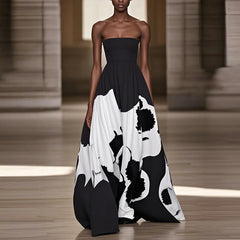 Hnewly  New Women Summer Tube Top Maxi Dresses Wedding Evening African Black Printed Vintage Loose Sexy Floor Length Dress Female