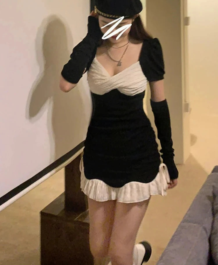 Hnewly DRESS TO IMPRESS Black Gothic Fairy Dress Women Sexy Patchwork High Street Korean Party Dresses Female Casual Vintage Mini Y2k Bodycon Dress