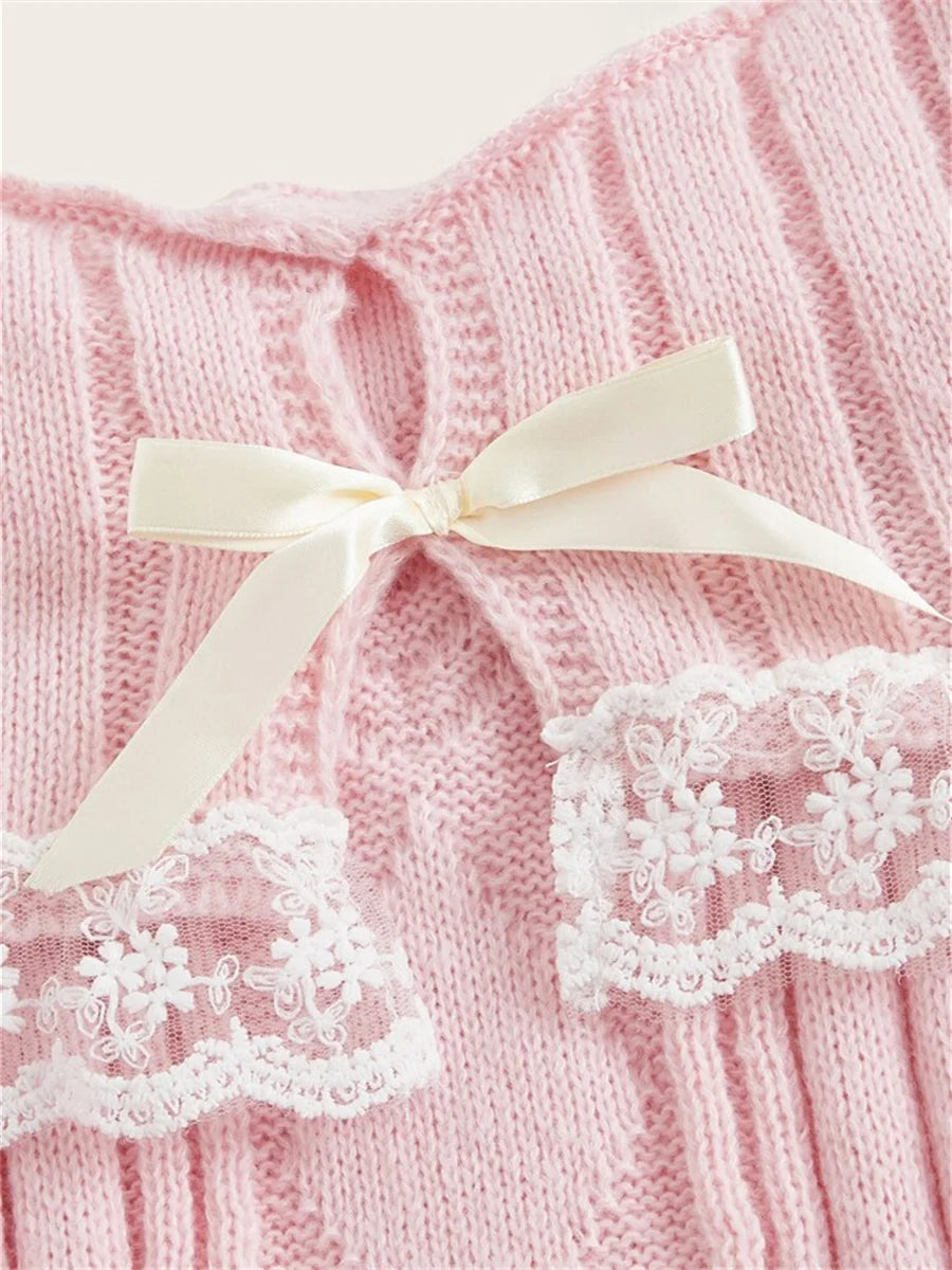 Hnewly WINTER OUTFITS Grunge Women Off Shoulder Knit Sweater Pink Pullover Sweet Pullovers  Long Sleeve Bow Lace Patchwork Jumpers Y2k Streetwear