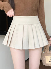 Hnewly  Retro Faux Woolen Pleated Skirt Women Sweet Slim Sexy Mini A Line Skirts Preppy Style High Waist Fall Winter Korean Skirt