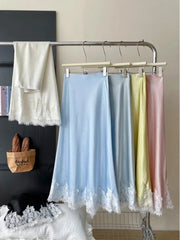 Hnewly  Elegant Satin Skirt Women French Style Lace Patchwork Long Skirts Fairycore Fashion Slim Up A-line Skirts Aesthetics