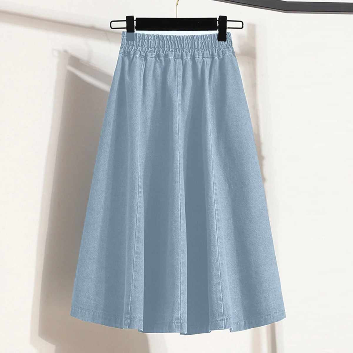 Hnewly  Classic Basic High Waist Blue Denim Pleated Skirt Women Elastic Loose Fashion With Buttons A-Line Streetwear Medium Length Dress