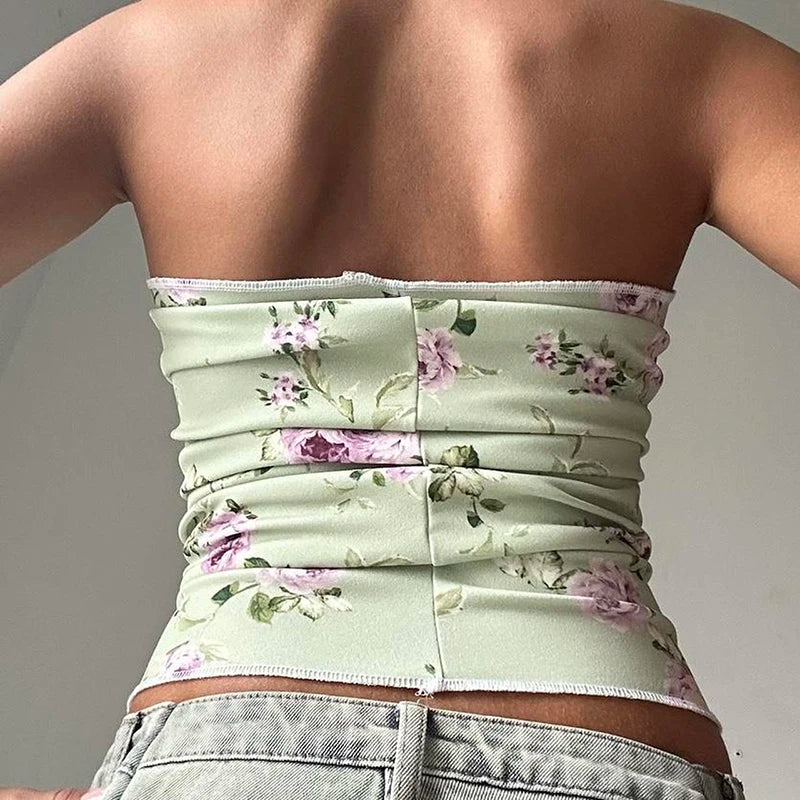 Hnewly Retro Cute Floral Print Tube Top Women Casual Kawaii Skinny Crop Tops for Summer Holiday Vintage 2000s Tee Aesthetic Lady
