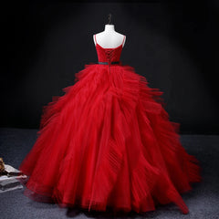 Hnewly  New Arrival Red Tulle Ruffles Sweetheart Evening Dresses Spaghetti Straps Quinceanera Prom Gown With Sashes