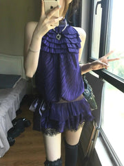 Hnewly  Purple Satin Lace Halter Dress Sleeveless Waist Cinched Cake Skirt Short Vintage Women Summer Fashion Sexy Gown Neck Hanging