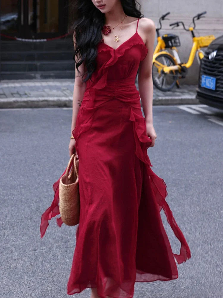 Hnewly  Red Vintage Elegant Midi Strap Dress Women Ruffles Design Causal Korean Fairy Dress Female Autumn Strapless Party Dress Y2k